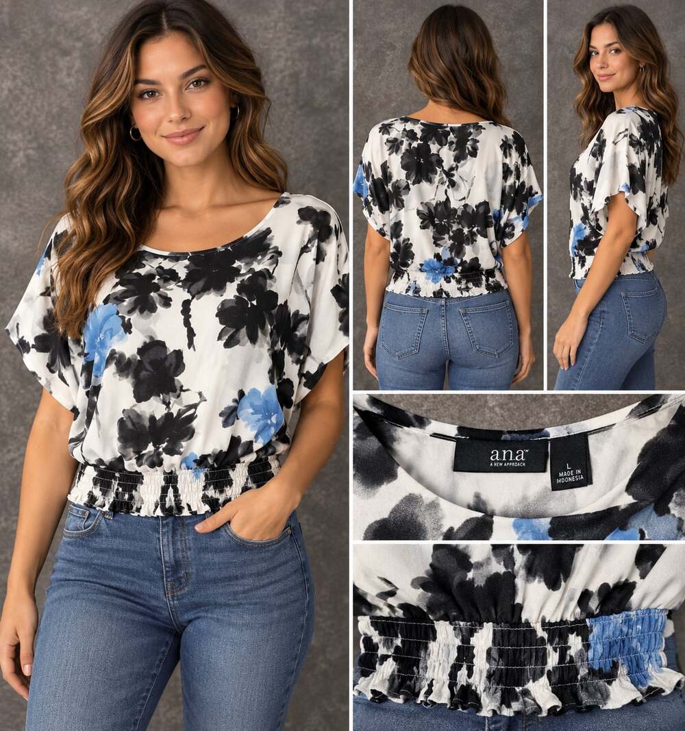 a.n.a A New Approach Women's Floral Print Flutter Sleeve Smocked Waist Blouse